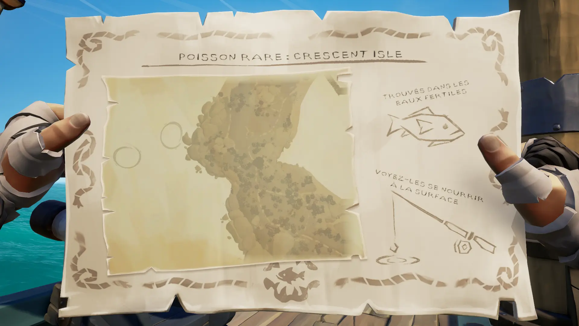 L'Appel du chasseur, le guide complet : Carte de pêche d'un chasseur indiquant l'emplacement de 2 bancs de poissons magnifiques au large de Crescent Isle