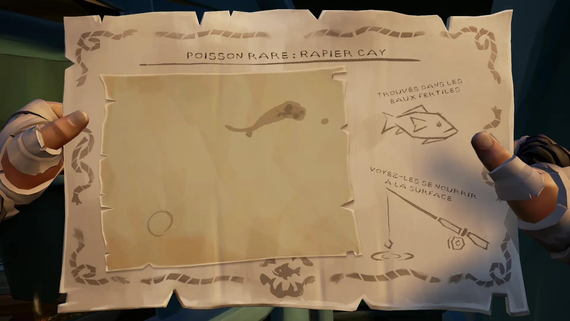 L'Appel du chasseur, le guide complet : Carte de pêche d'un pirate indiquant l'emplacement d'1 banc de poissons magnifiques au large de Rapier Cay
