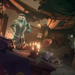Le fantome de Pendragon dans l'épave de son navire le Blackwyche au dessus de sa table de capitaine jonchée d'objets de l'ordre des âmes