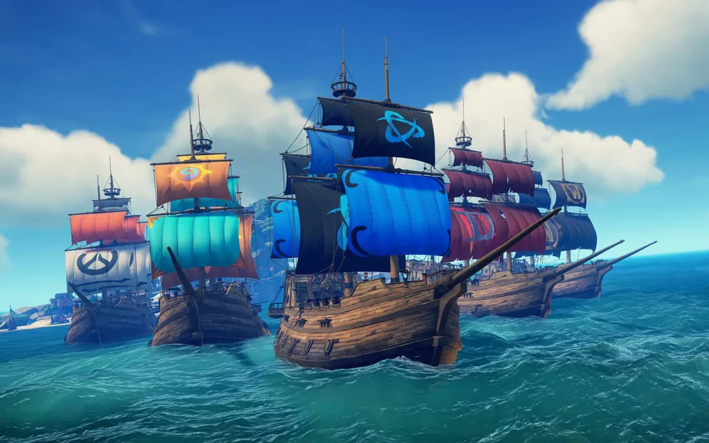 5 gallions portant les voiles exclusifs de la version premium de sea of thieves sur battle.net telles qu'Overwatch, heartstone, world of warcraft, voiles démoniaques.