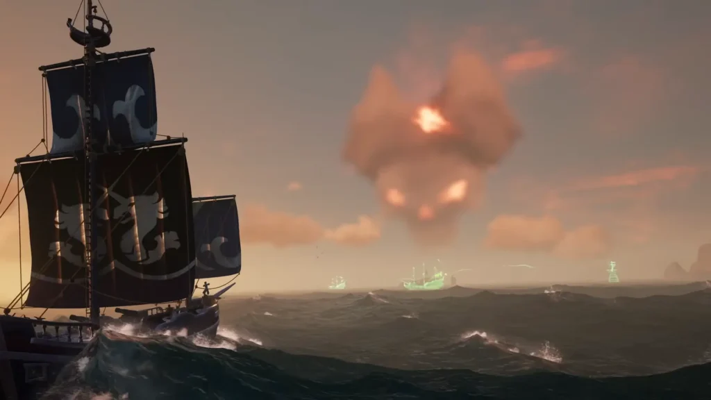 sea of thieves un brigantin se dirigeant vers les forteresses de la Faucheuse symbolisées par un nuage à chapeau