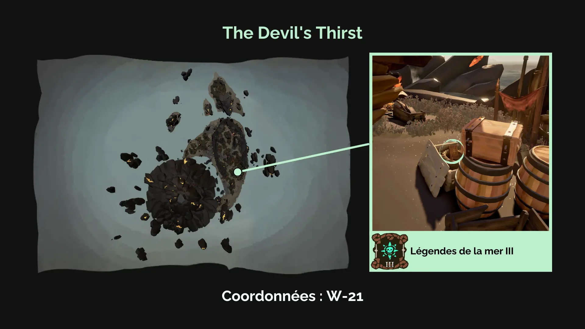 Légendes de la mer III : Trouvez le livre d'Umbra sur Devil's Thirst, dans un petit bivouac.