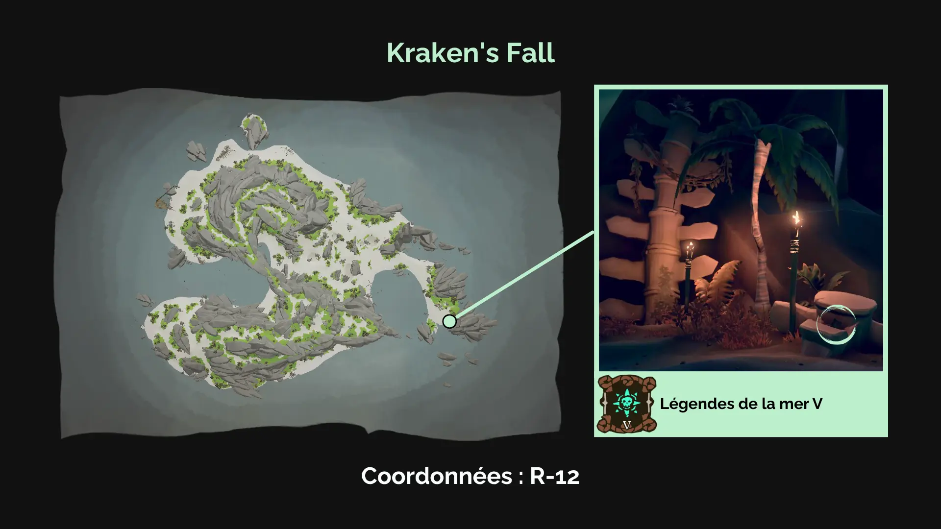 Légendes de la mer V : Trouvez le livre d'Umbra à Kraken's Fall, près d'un bivouac au sud-est, non loin des restes du kraken.
