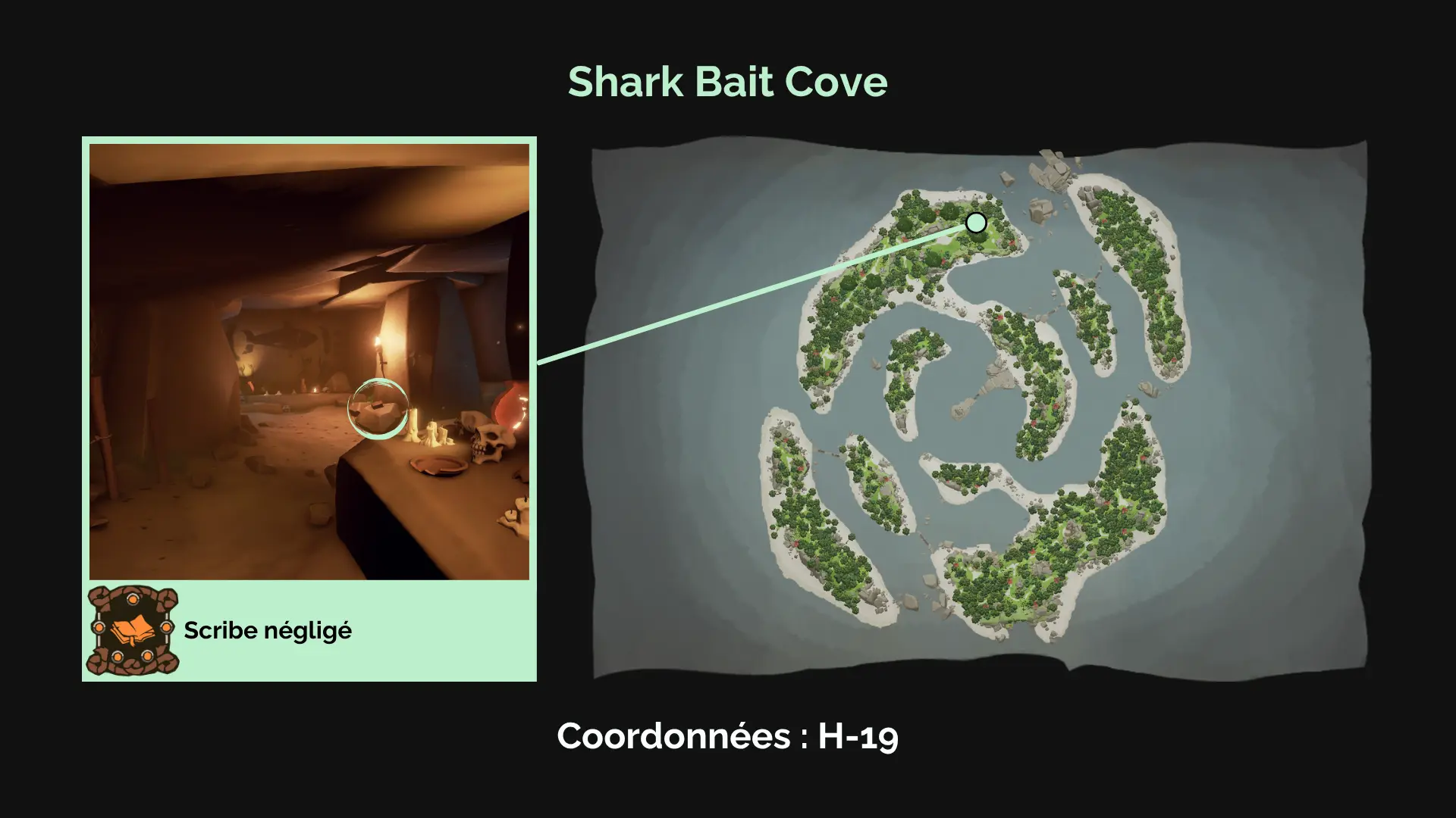 Scribe négligé : Un pirate poète a abandonné un vieux livre sur Shark Bait Cove, près d'un autel.