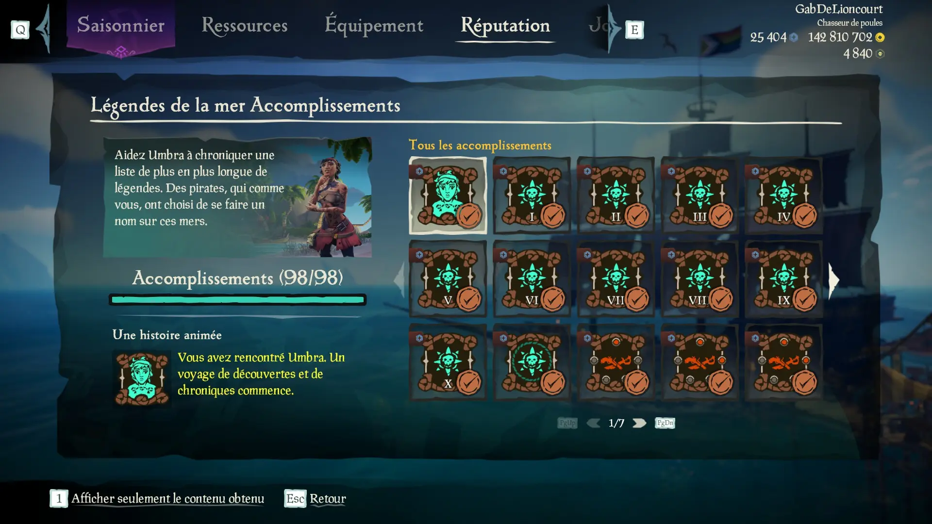 Capture d’un profil pirate complet pour la sous-catégorie Légendes de la Mer des Aventures en Mer