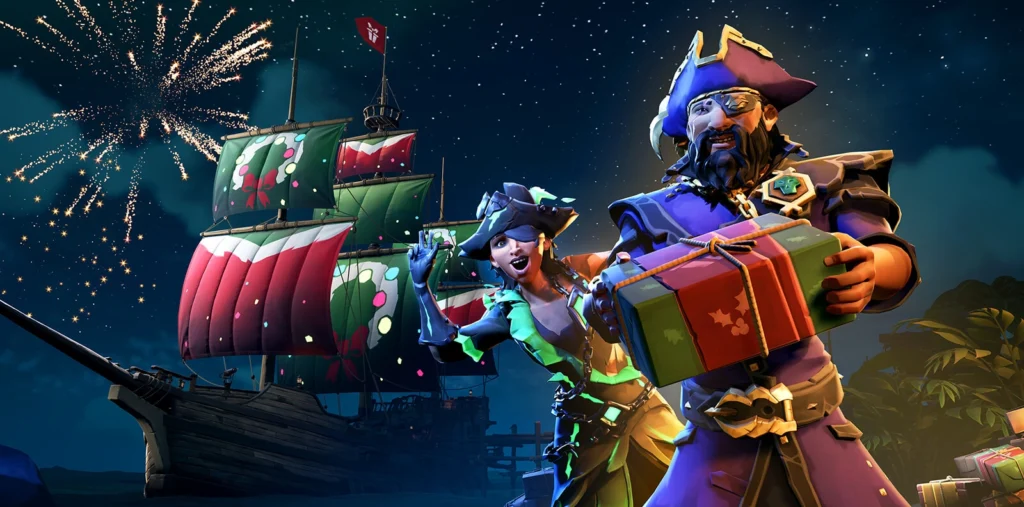 bannière de noël programme de décembre 2025mettant en scène des pirates donnant des cadeaux