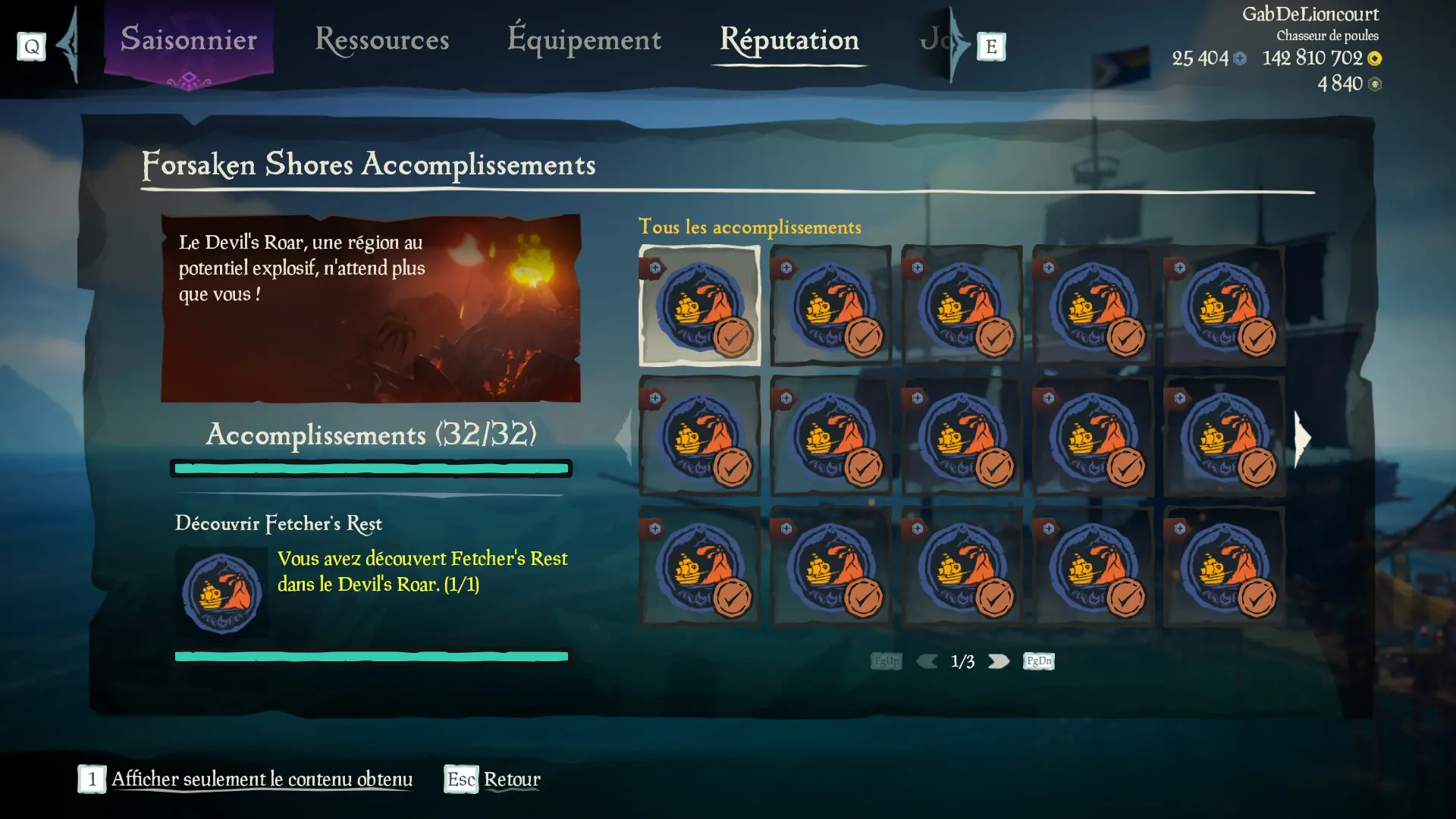Capture d’un profil pirate complet pour la sous-catégorie Forsaken Shores des Aventures en Mer