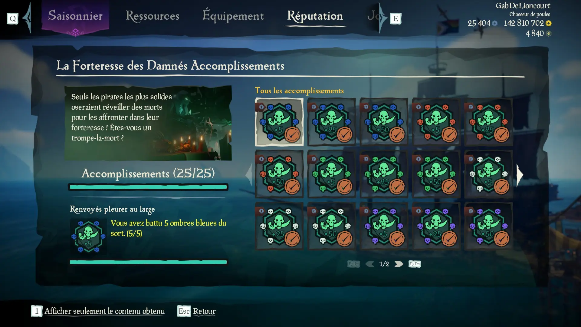 Capture d’un profil pirate complet pour la sous-catégorie La Forteresse des Damnés des Aventures en Mer