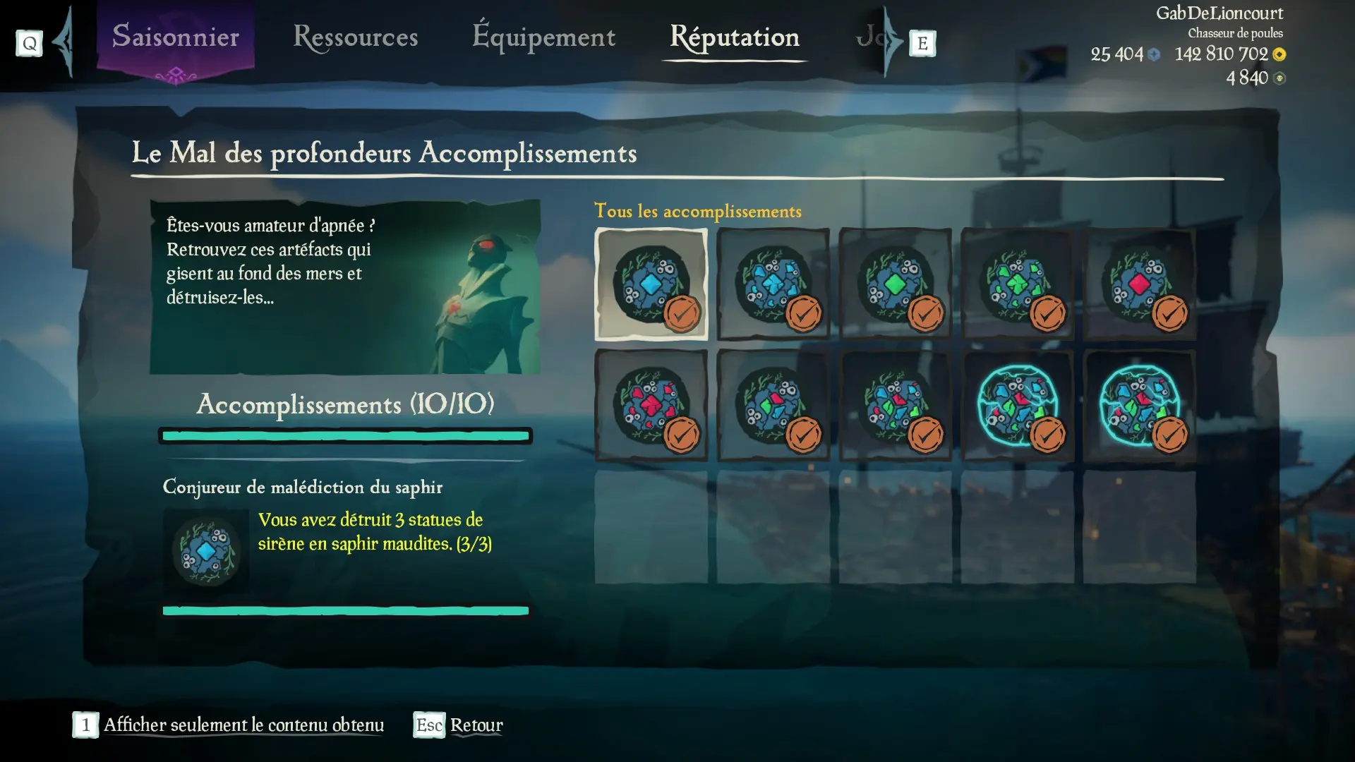 Capture d’un profil pirate complet pour la sous-catégorie Le Mal des profondeurs des Aventures en Mer