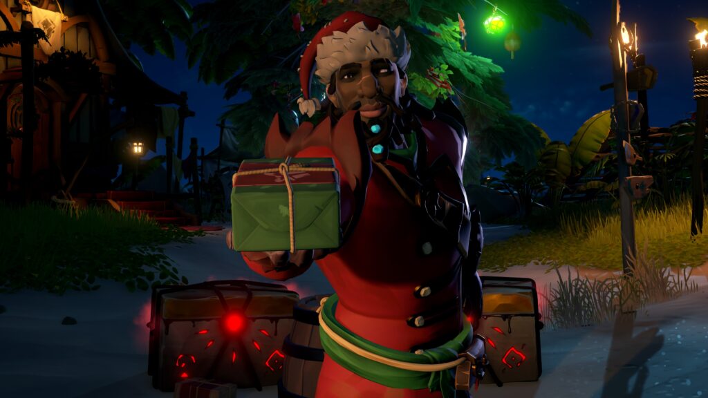 pirate légende de noël offrant un cadeau