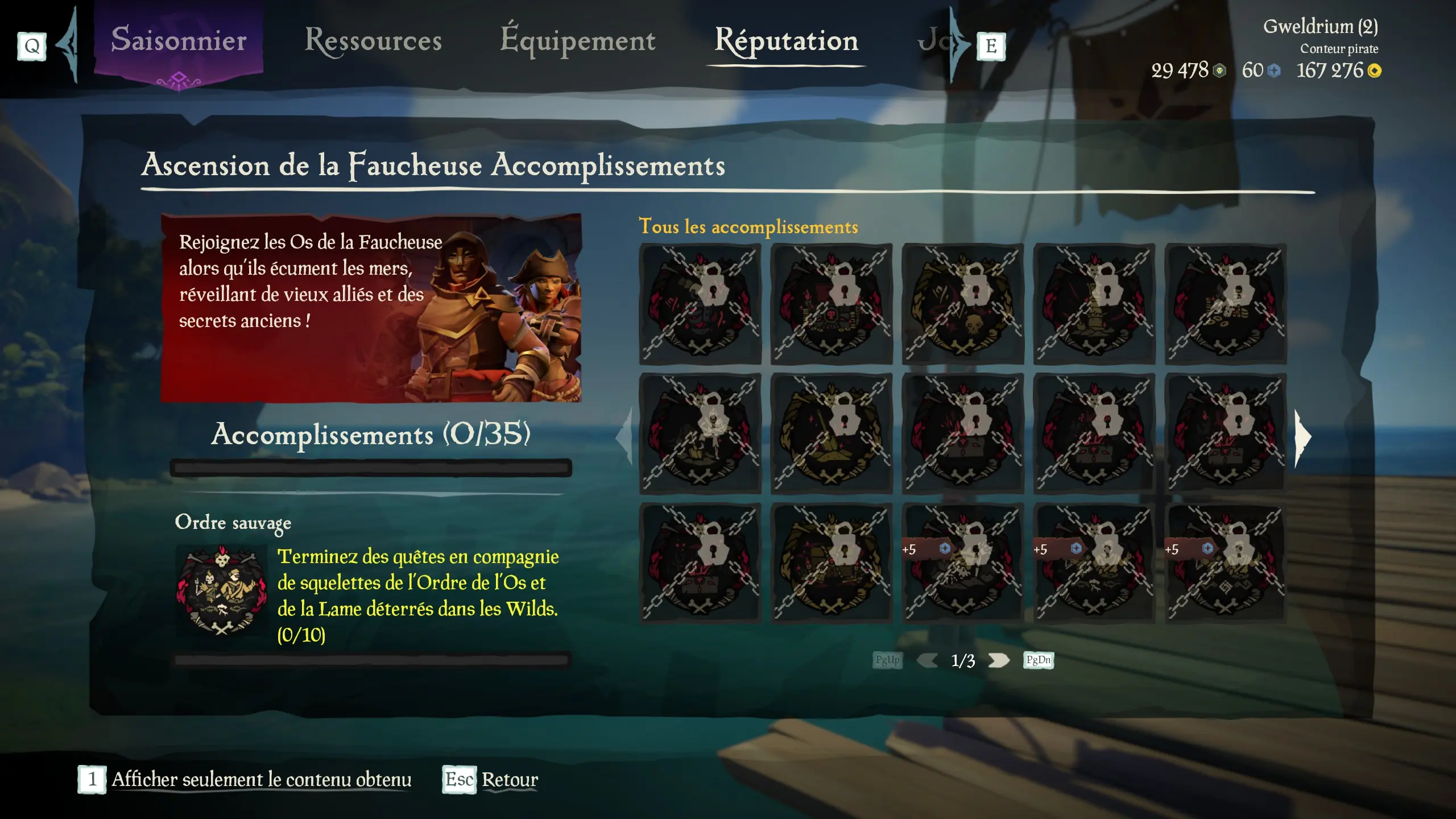 Liste des indices de la sous-catégorie Ascension de la Faucheuse des Aventures en Mer