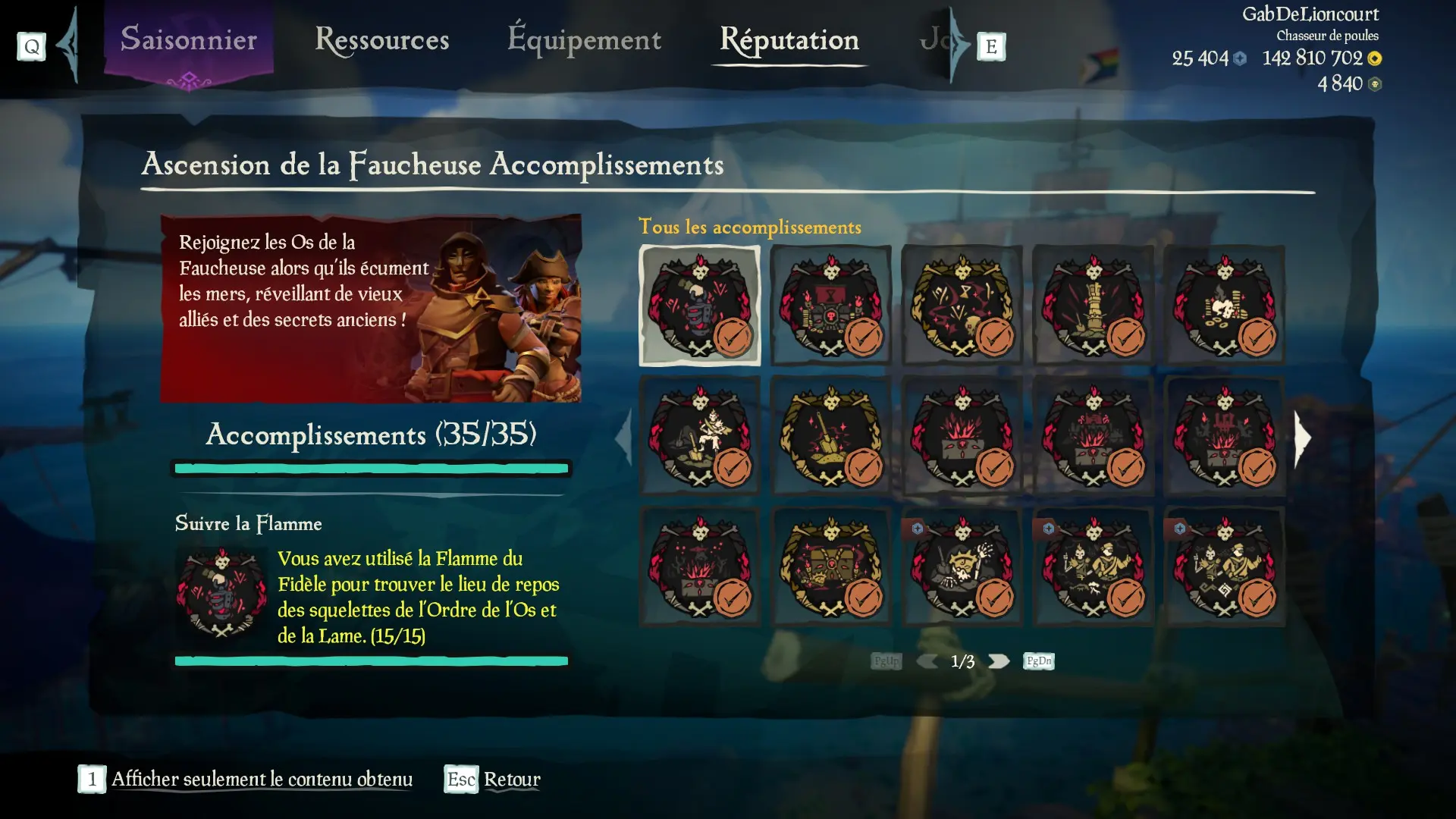 Capture d’un profil pirate complet pour la sous-catégorie Ascension de la Faucheuse des Aventures en Mer
