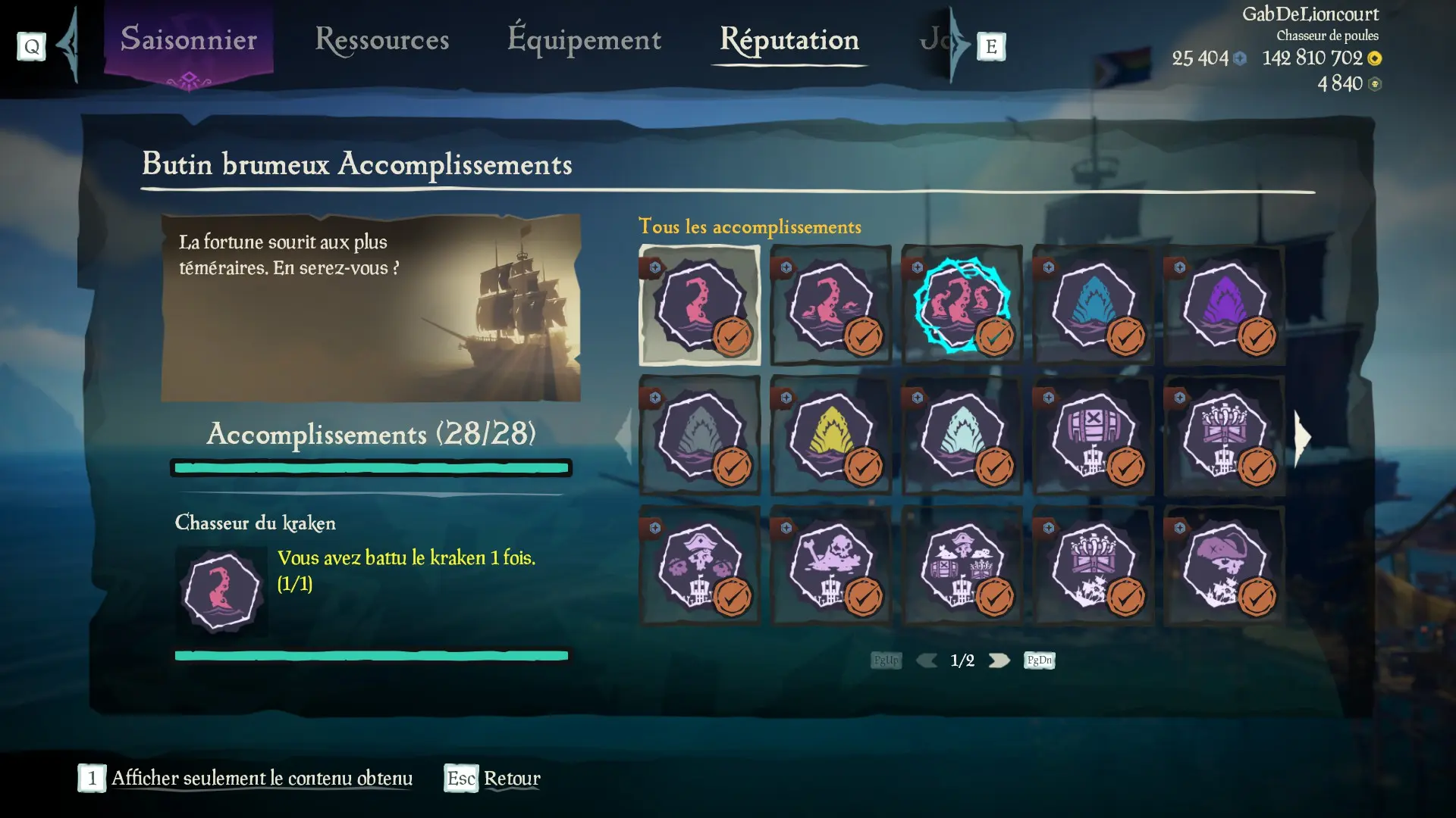 Capture d’un profil pirate complet pour la sous-catégorie Butin brumeux des Aventures en Mer