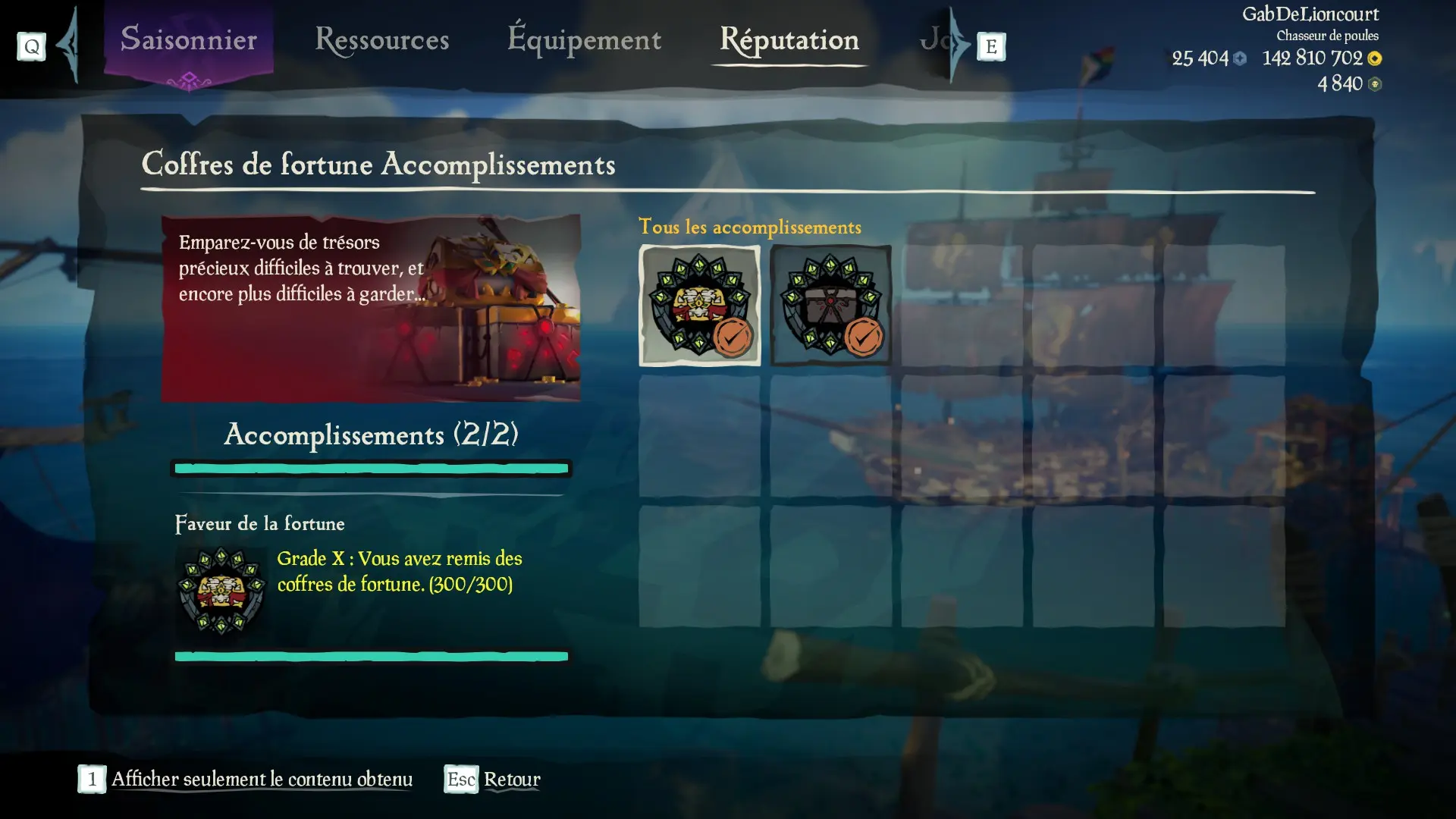 Capture d’un profil pirate complet pour la sous-catégorie Coffres de fortune des Aventures en Mer