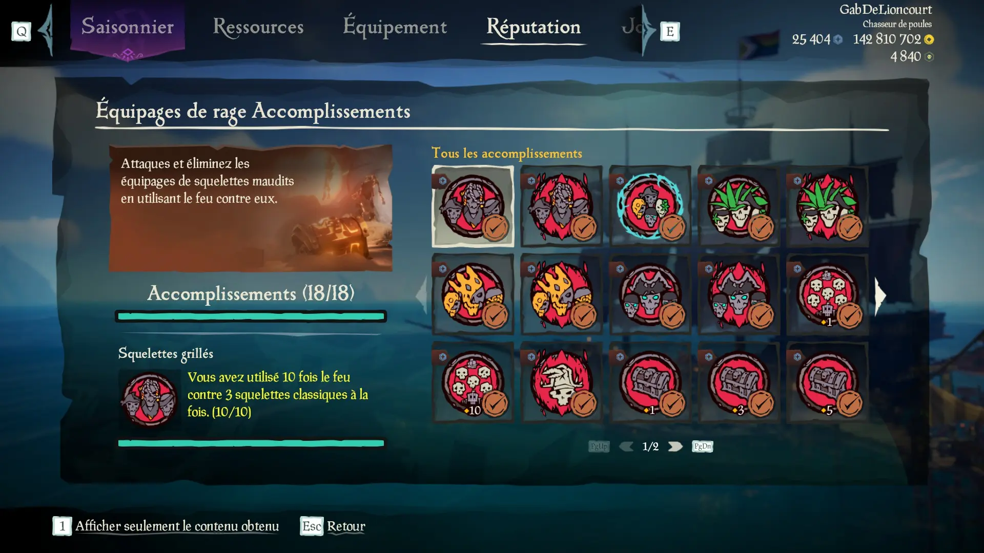 Capture d’un profil pirate complet pour la sous-catégorie Équipages de rage des Aventures en Mer