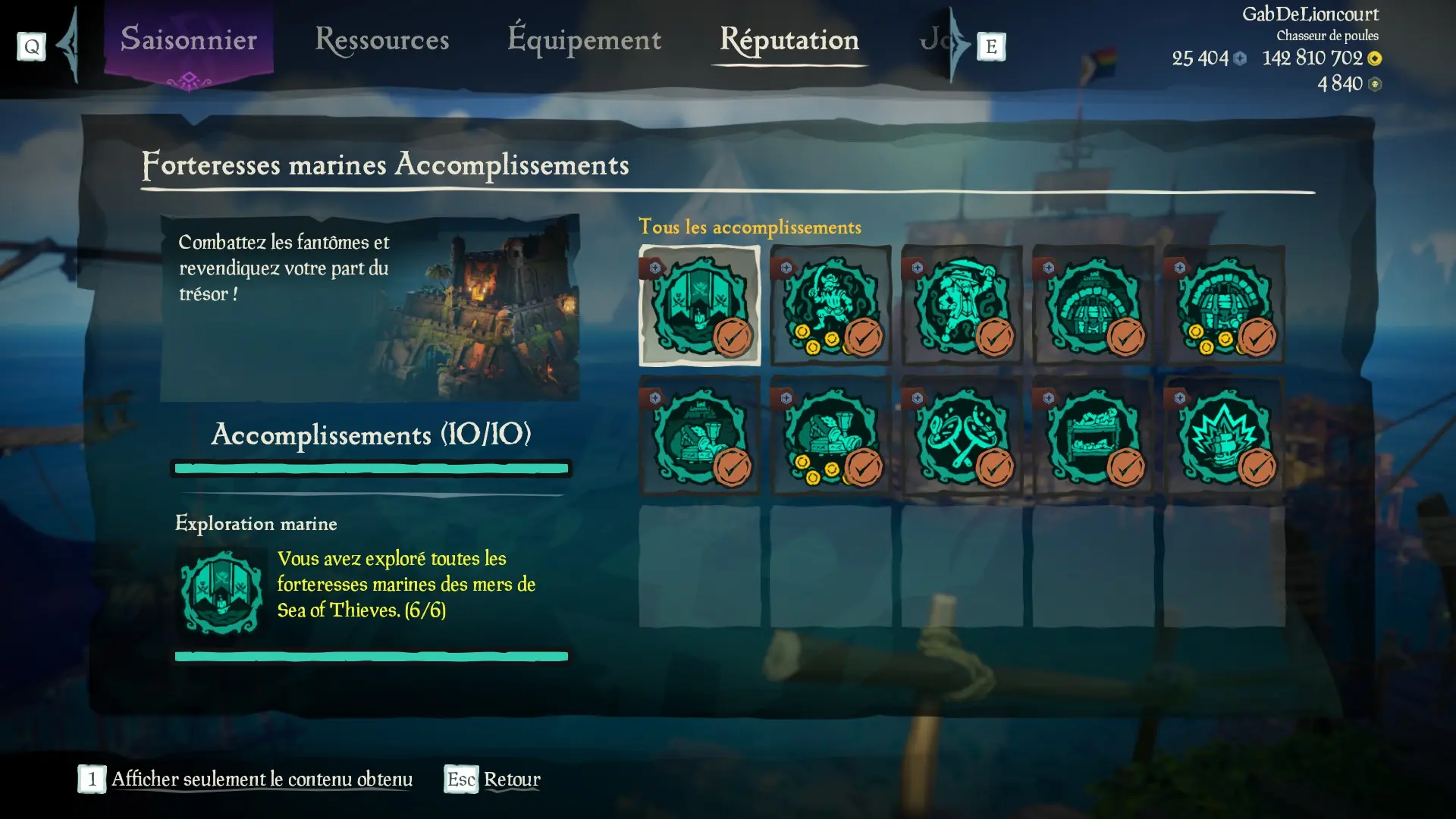 Capture d’un profil pirate complet pour la sous-catégorie Forteresses marines des Aventures en Mer