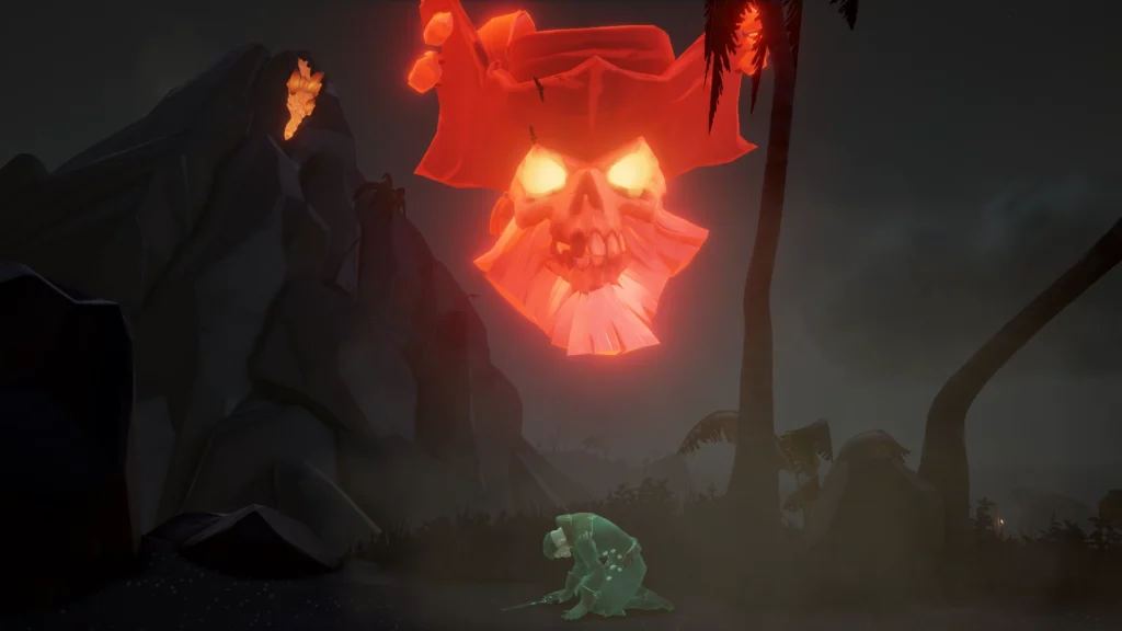 Le crâne de Flameheart surplombant Flintlock Peninsula durant l'ame en partance