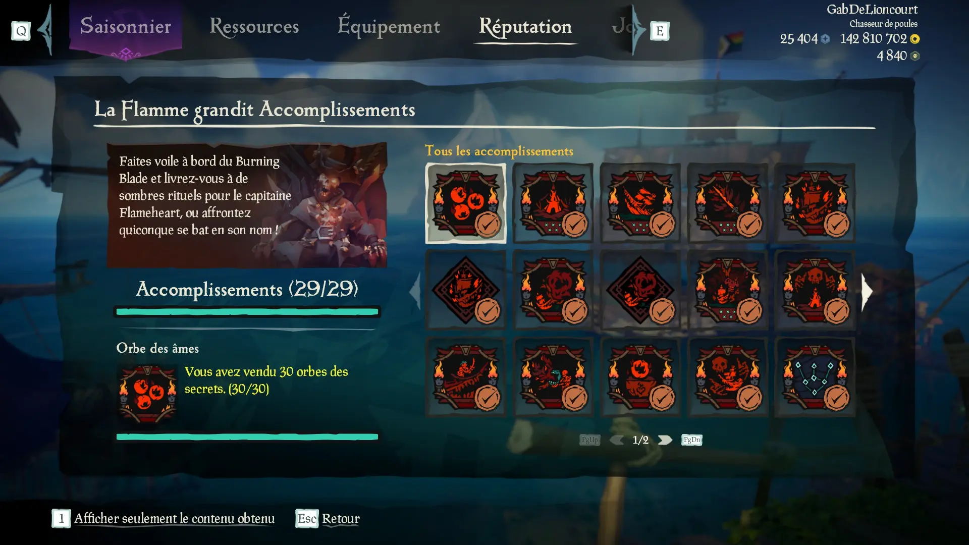 Capture d’un profil pirate complet pour la sous-catégorie La Flamme grandit des Aventures en Mer