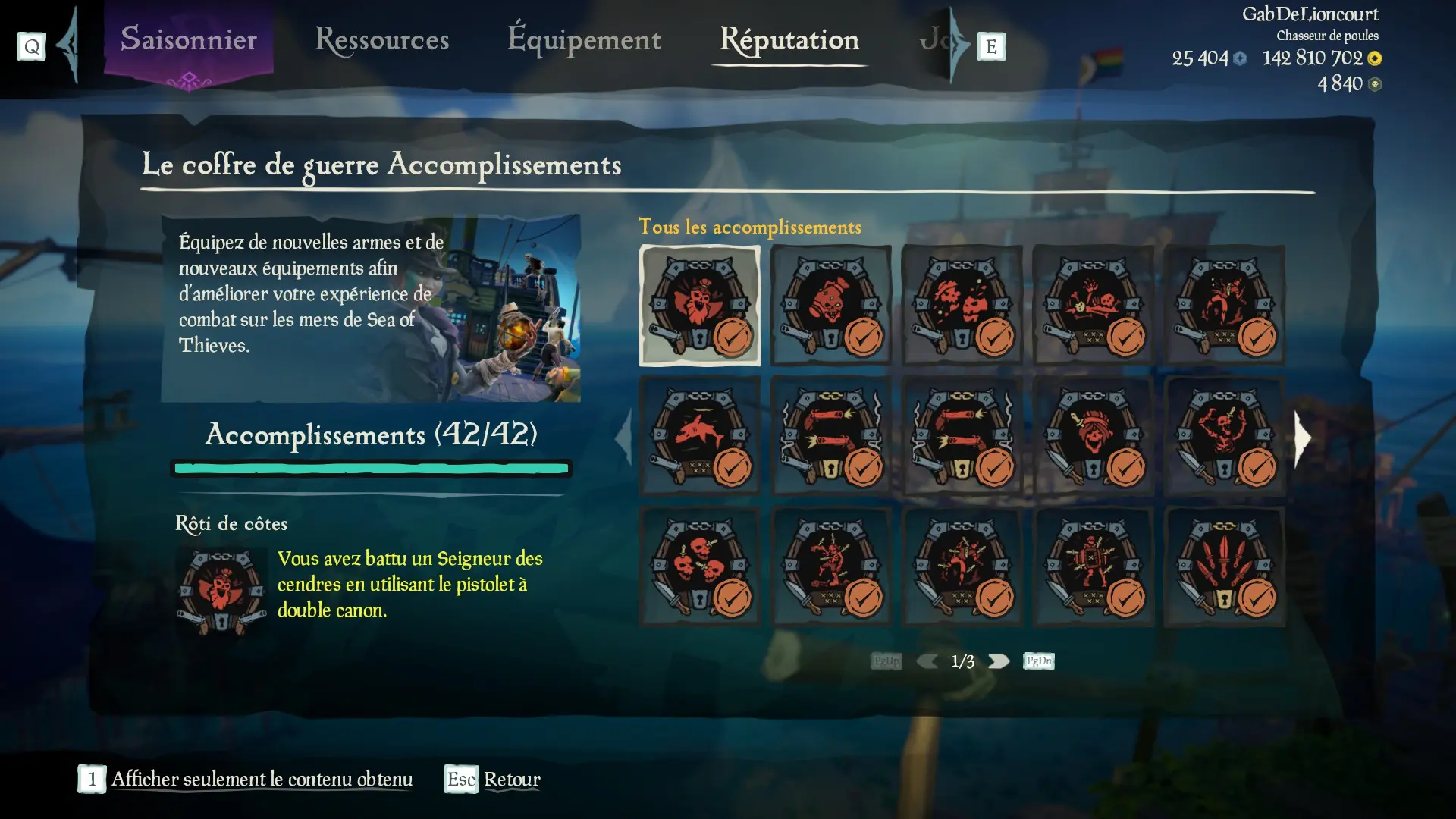 Capture d’un profil pirate complet pour la sous-catégorie Le coffre de guerre des Aventures en Mer