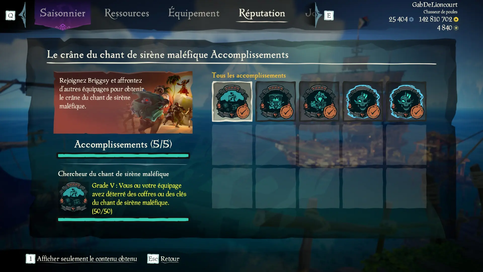 Capture d’un profil pirate complet pour la sous-catégorie Le Crâne du chant de sirène maléfique des Aventures en Mer