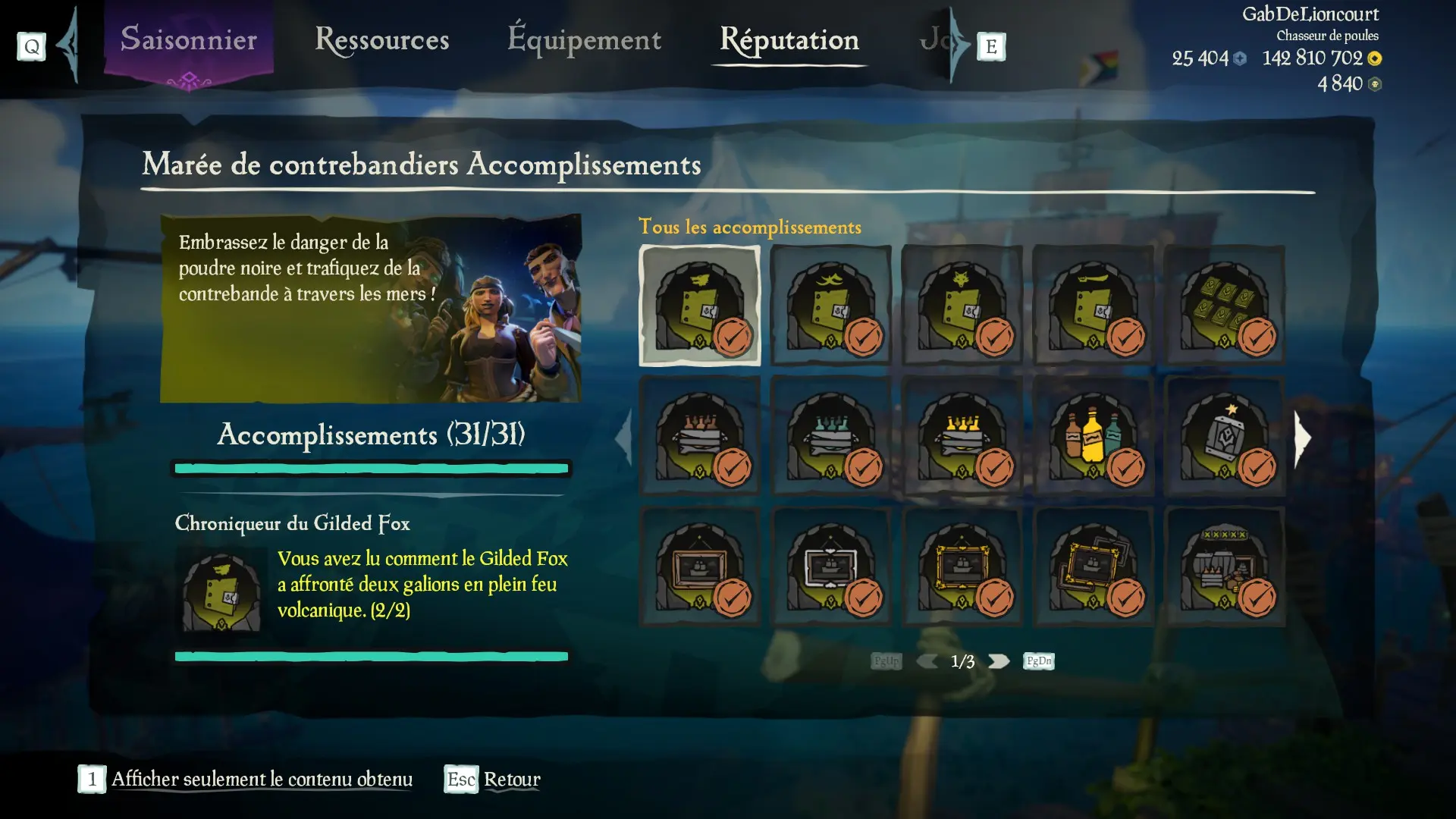 Capture d’un profil pirate complet pour la sous-catégorie Marée de contrebandiers des Aventures en Mer
