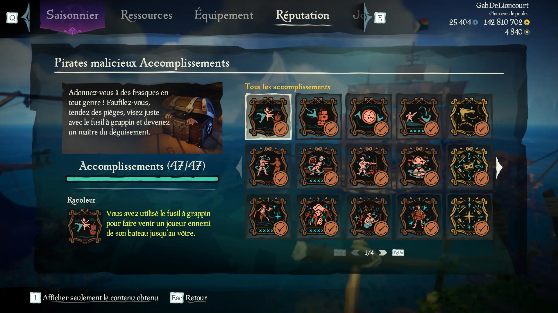 Capture d’un profil pirate complet pour la sous-catégorie Pirates malicieux des Aventures en Mer