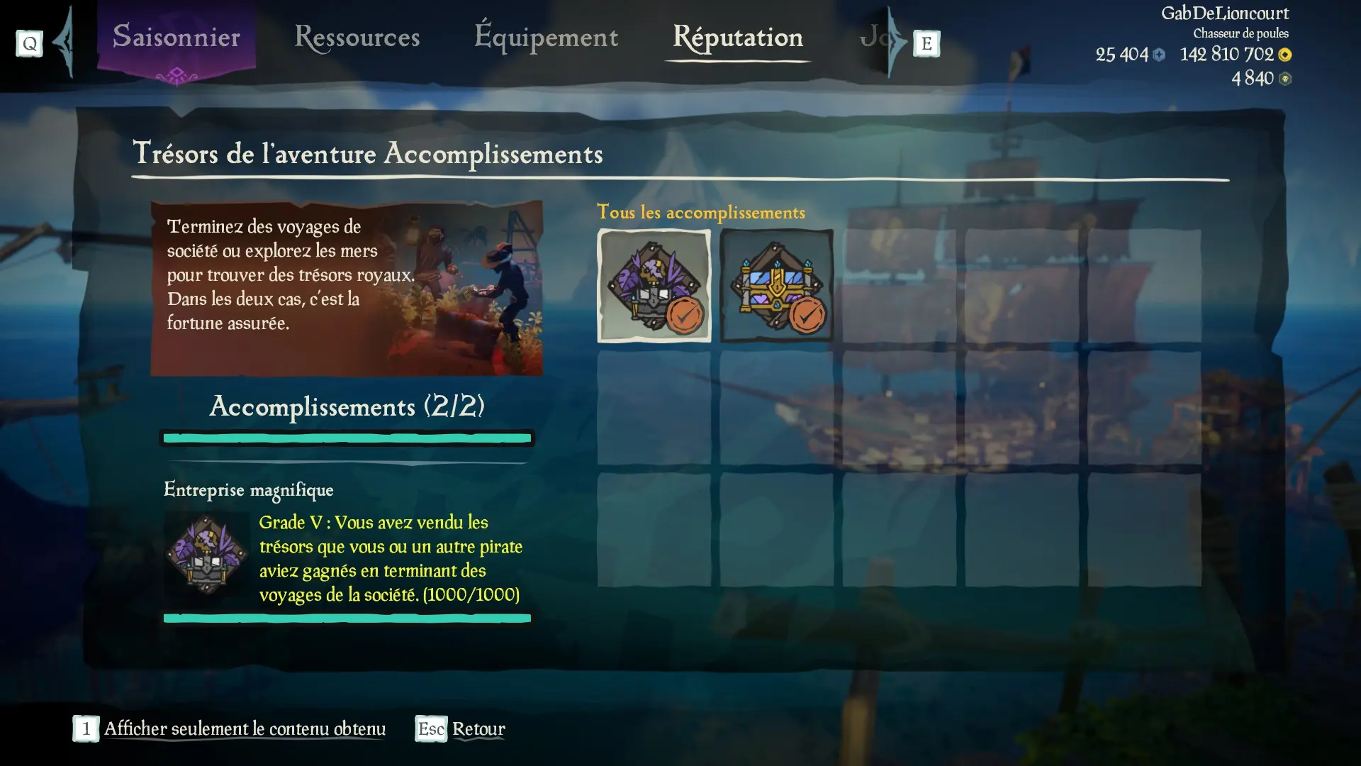 Capture d’un profil pirate complet pour la sous-catégorie Trésors de l'aventure des Aventures en Mer