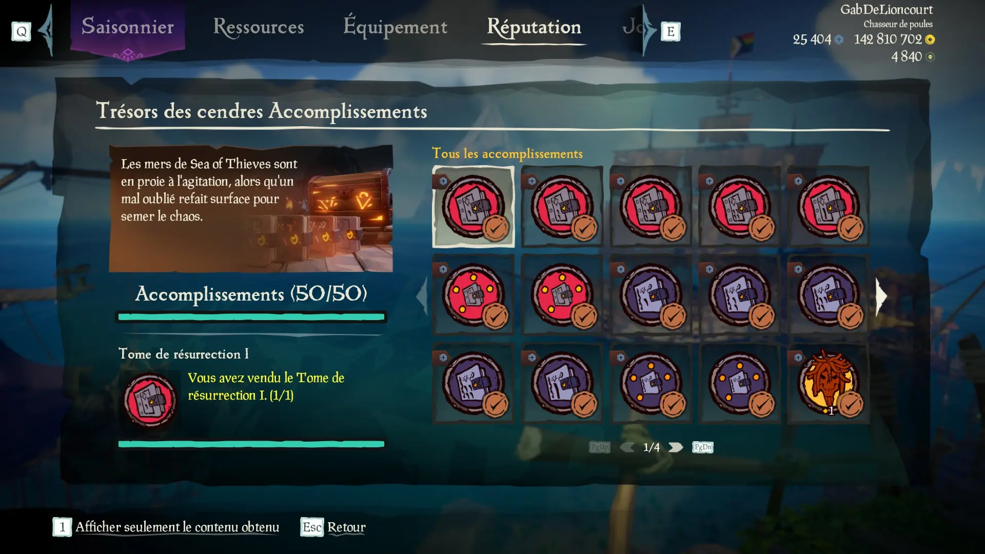 Capture d’un profil pirate complet pour la sous-catégorie Trésors des cendres des Aventures en Mer