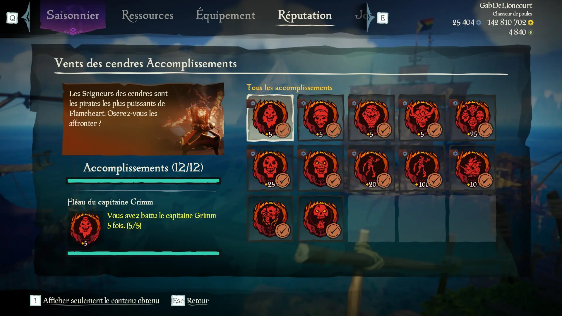 Capture d’un profil pirate complet pour la sous-catégorie Vents des cendres des Aventures en Mer