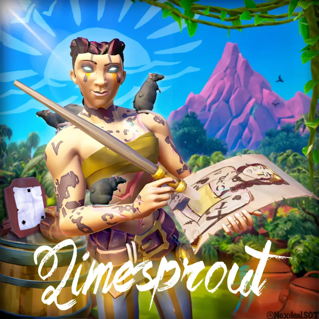 Montage de Nexdeal, la pirate "Limesprout" tenant un pinceau, un rat sur l'épaule