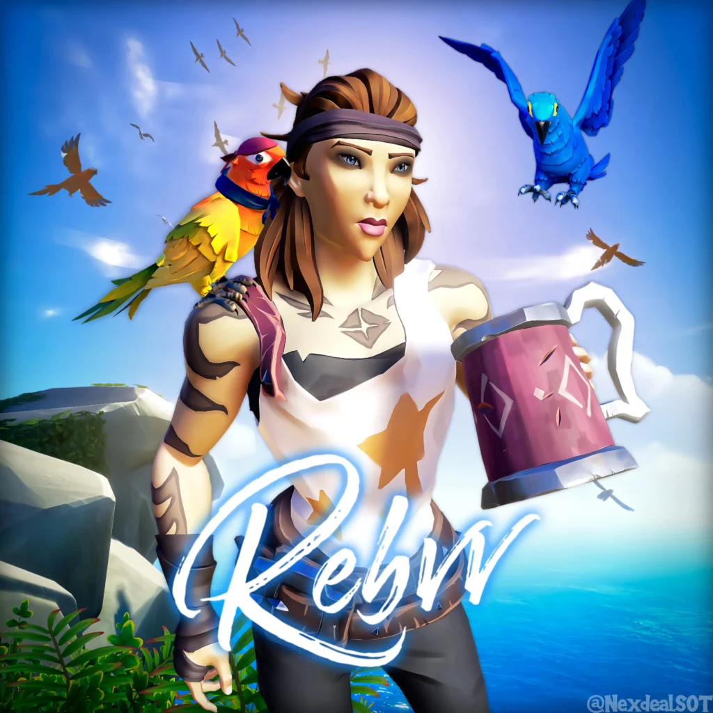 Montage de Nexdeal, la pirate "Rev", entourée d'oiseaux, tenant une chope