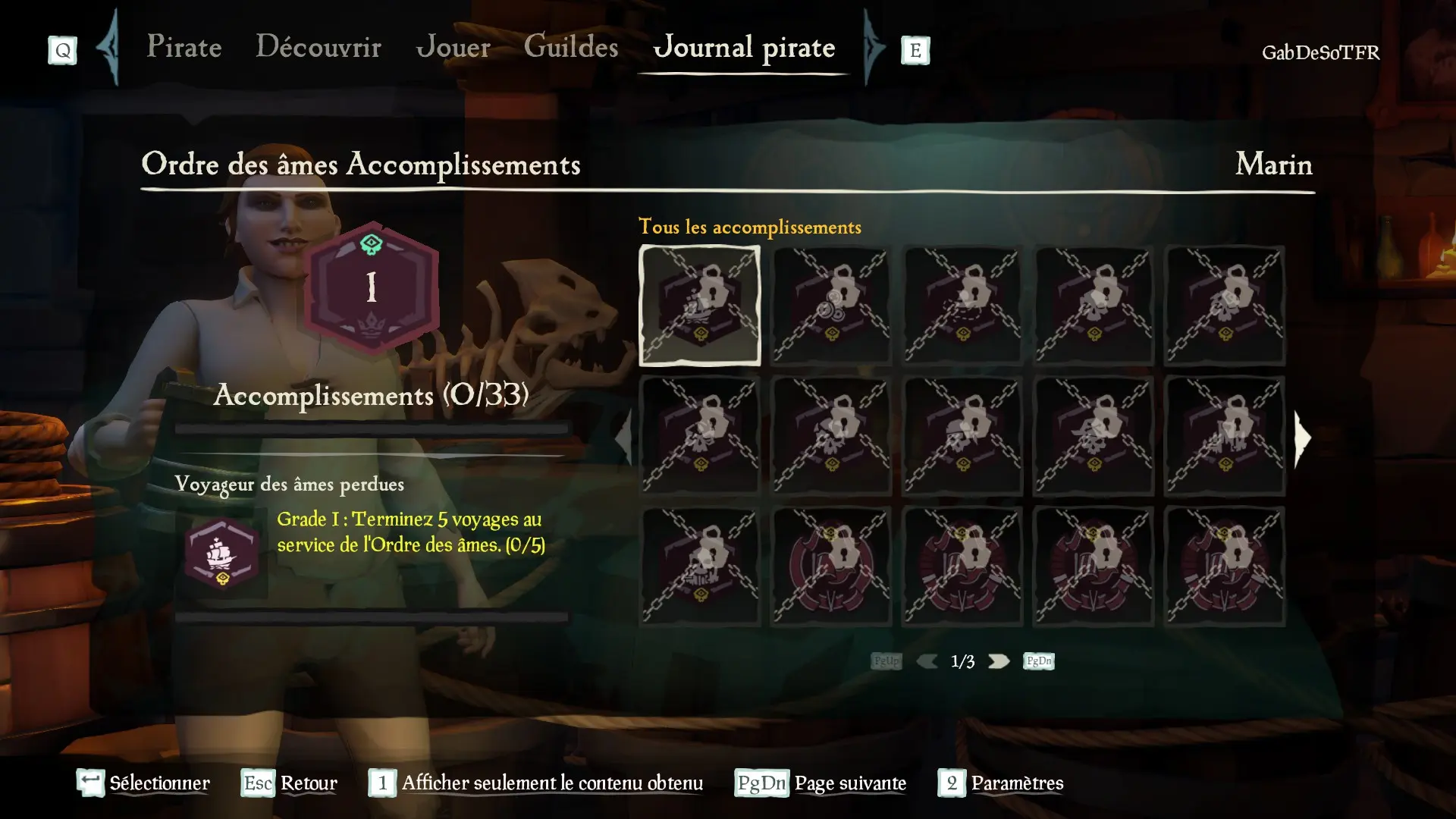Liste des indices de la catégorie d'accomplissements de l'Ordre des âmes du profil pirate