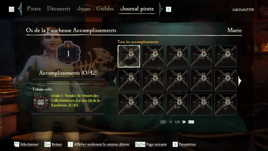 Liste des indices de la catégorie d'accomplissements des Os de la Faucheuse du profil pirate