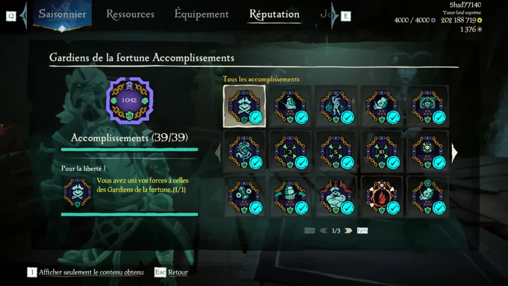 Capture d’un profil pirate complétiste pour la catégorie d'accomplissements pour les Gardiens de la Fortune