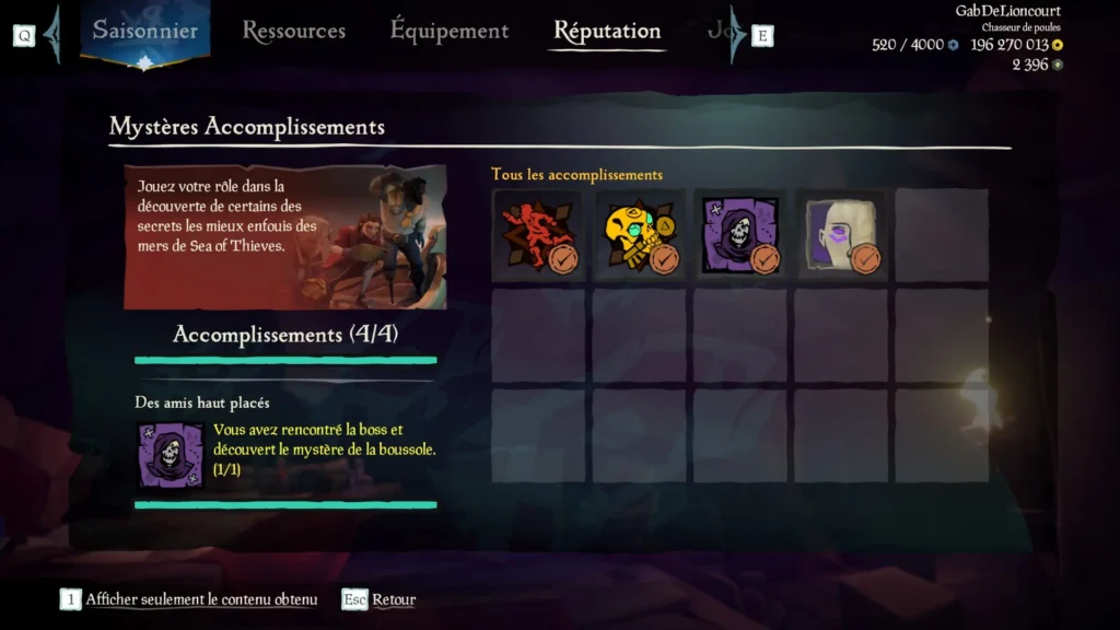 Capture d’un profil pirate complétiste pour la sous-catégorie Mystères des Aventures en Mer