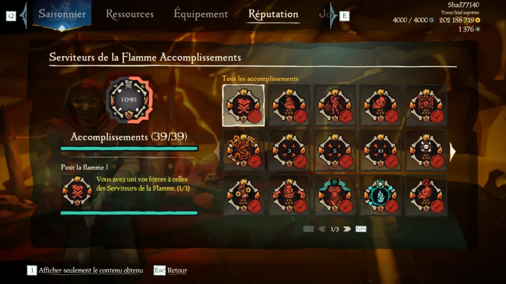 Capture d’un profil pirate complétiste pour la catégorie d'accomplissements pour les Serviteurs de la Flamme
